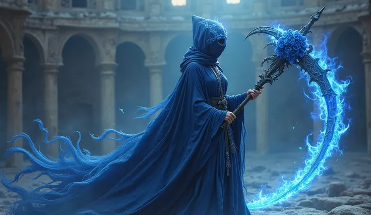 death(female image in a, filled with emptiness) in a blue robe instead of a black one. There is a blue flower on the death scythe, and the blade is painted with blue flames. Arena background, Coliseum

