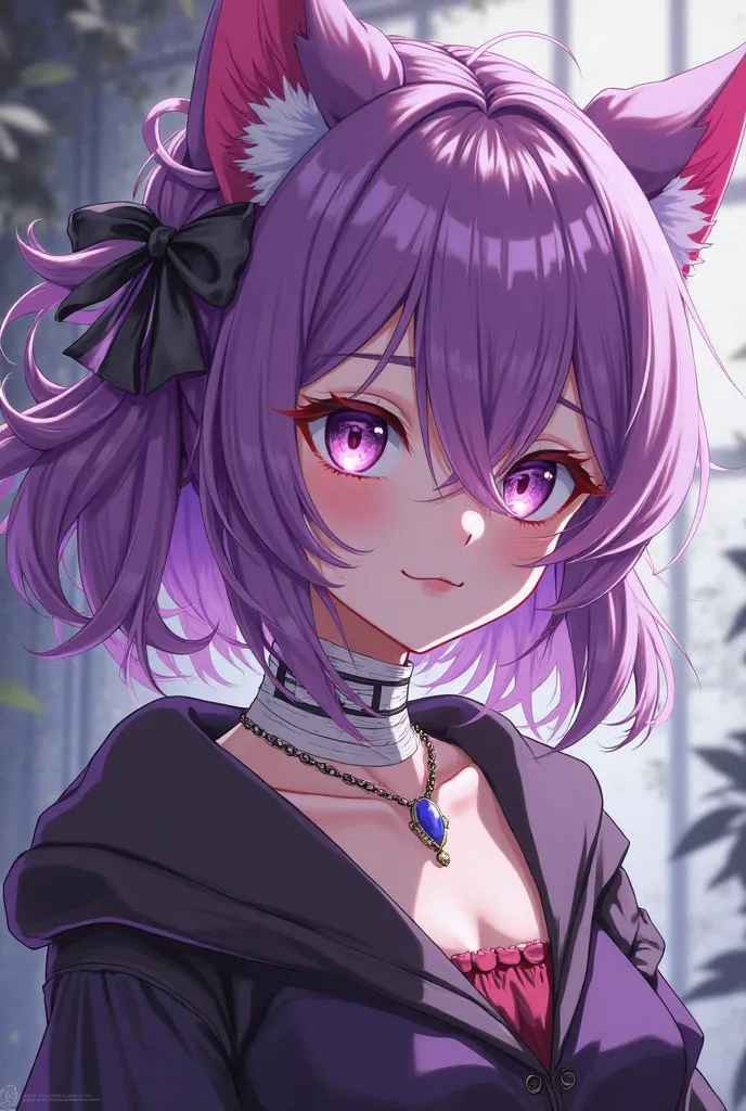 Make a character with hair like that of Houhou from Honkai Star Rail and in Gyaru style, There are medical bandages on her neck and her eyes are lilac with the pupils of a cat's head