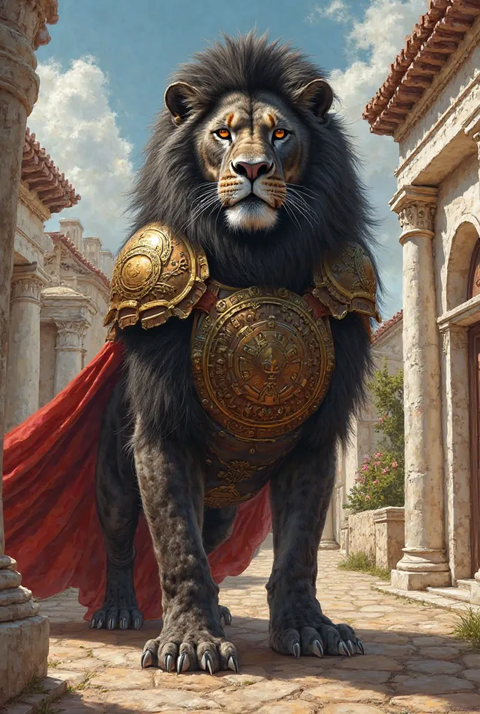 JOil painting of a long very black haired Lion wearing an ancient greece gladiator armor, with ferry arms and claws in an ancient greece town.