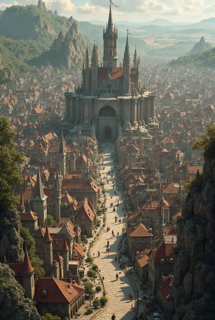 Aerial view of a large city in a medieval fantasy world