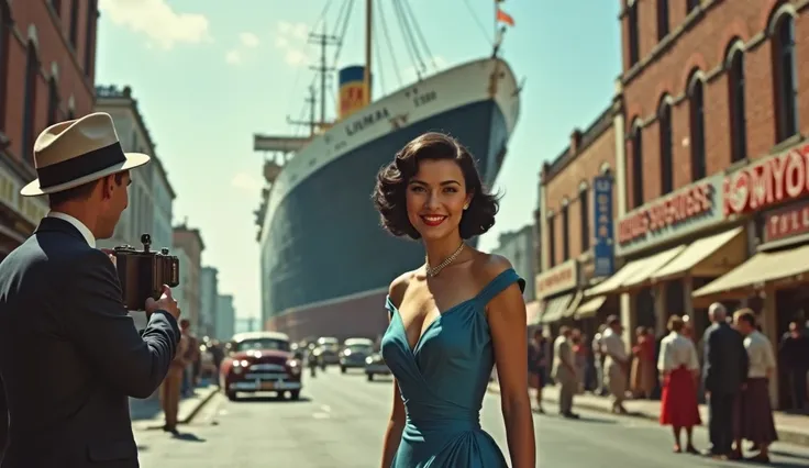 An incredibly realistic image depicting a beautiful medium-sized woman, with approximately 1,70m high and weighing about 60kg, in the middle of a street from the 1950s. She has a captivating and natural smile,  transmitting elegance and charisma . Her hair...