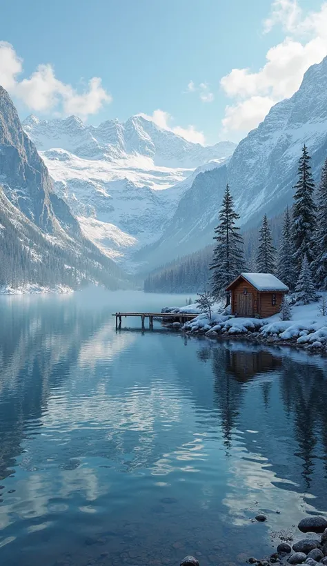 Prompt: "A pristine alpine lake reflecting the surrounding snow-covered peaks and evergreen forests. The water is crystal-clear, with gentle ripples creating a mesmerizing reflection of the blue sky. A cozy wooden cabin sits near the shore, with smoke risi...