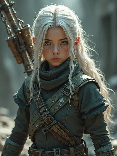 realistic hd quality younger girl assassin  with long white wavy hair, dark green eyes light skin , archer and protective gear 