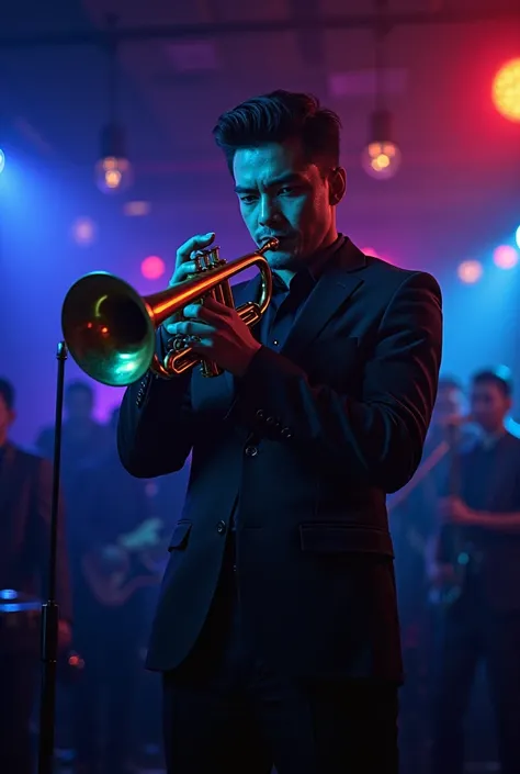 Medium size white American male With short black hair wearing black suit on a stage in a jazz bar with blue and purple Neon lights playing Trumpet facing the camera 