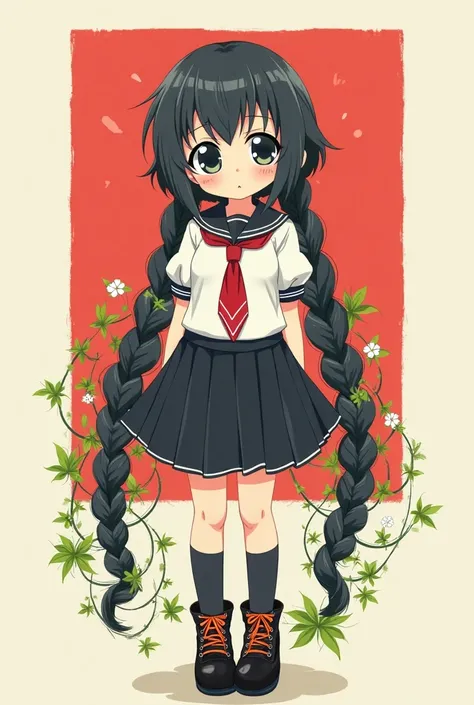 A cute anime-style girl with large expressive eyes and long, intricately braided black hair adorned with green leaves and small white flowers. She wears a traditional Japanese school uniform with a black skirt, a white blouse with puffy sleeves, and a red ...