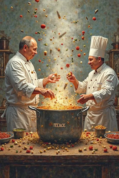 A chaotic kitchen. Putin and Zelensky are dressed as chefs throwing ingredients at each other (Missiles,  Penalties )  each other . In the center a giant pot with the label "peace". A Sabio chef (maybe a neutral world leader) Try adding ingredients like "d...