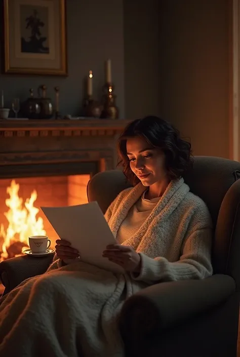 An image of Paquita Salas reading some pages next to a fireplace with a blanket and a coffee