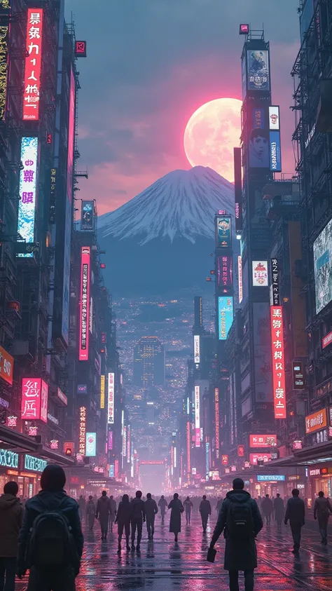 A cyber city near Mount Fuji with neon lights at night with vibrant colors 