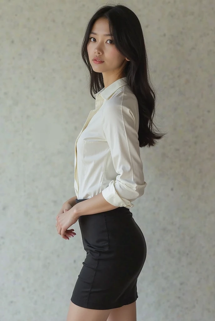 A Japanese woman is about 25 years old, smooth black hair, light brown eyes and pale skin. She wears a tight white blouse and a short black skirt, With black high-heeled shoes . Its appearance is elegant and sophisticated.