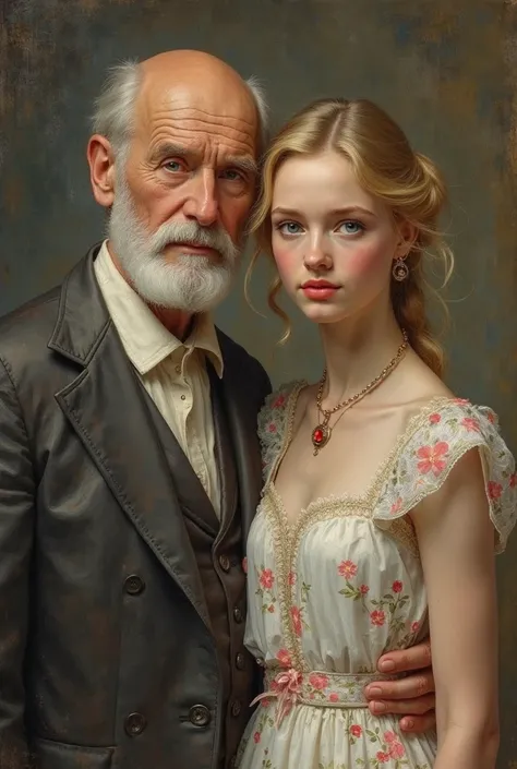 masterpiece，A work that looks like a masterpiece、Impressionism 、Renoir， European style, young girl and old Man, standing, hugging, Looking at the camera, young girl big breasts, beautiful girl face, beautiful young girl big ass, beautiful young girl With S...