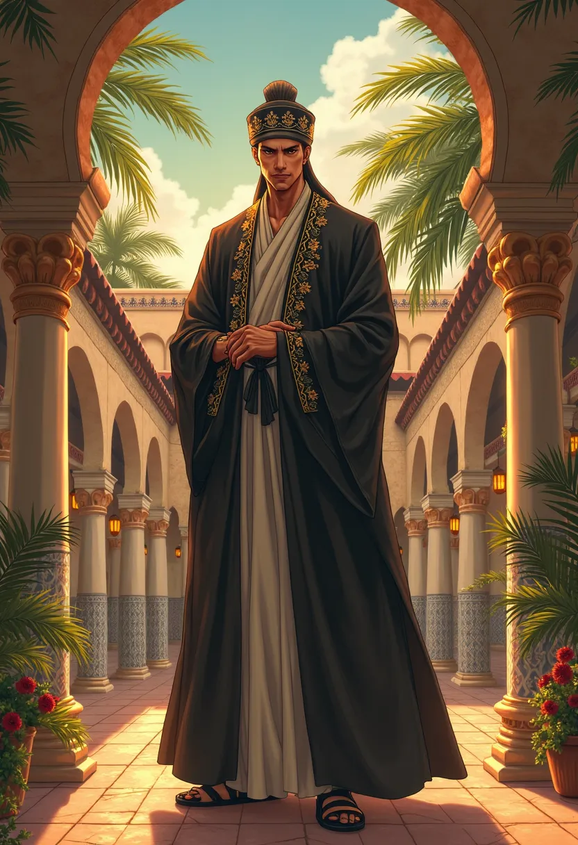 Draw me the character of Aizen Sosuke from Bleach in traditional Algerian clothing living in a Ramadan atmosphere