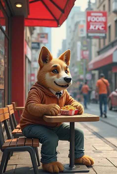 A dog in human form and upright eating outside KFC