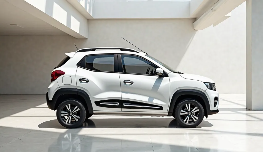 Give me a competitive image of ( Mahindra kwid ) (white ) in showroom 
Single image no any vehicle stands besides the car side view