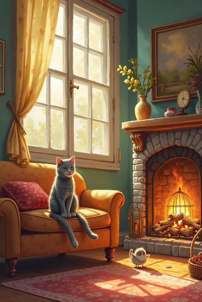 un canari et un chat lisent dans un salon. they are sitting side by side on a sofa. There is a fireplace. The canary's cage is open next to it and we can see the cat's basket on the floor in front of the fireplace, vide. dessin pour enfant