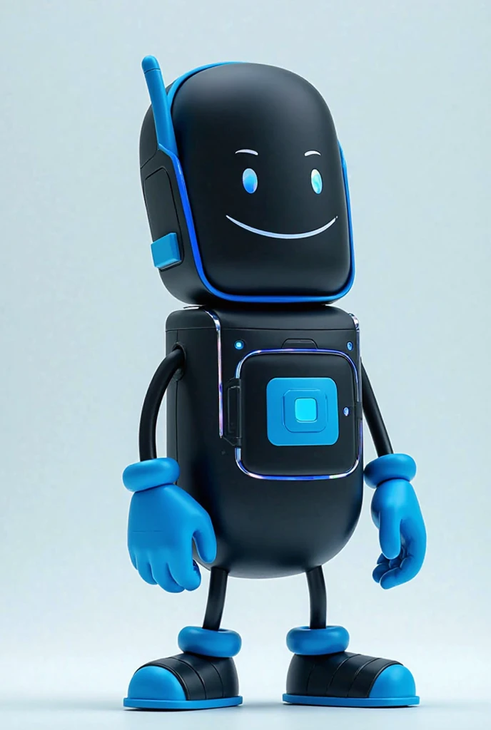 The mascot of a bold cell phone, black and light blue in the color,  sign with a happy face , and symbolizes speed, with blue hands and black feet