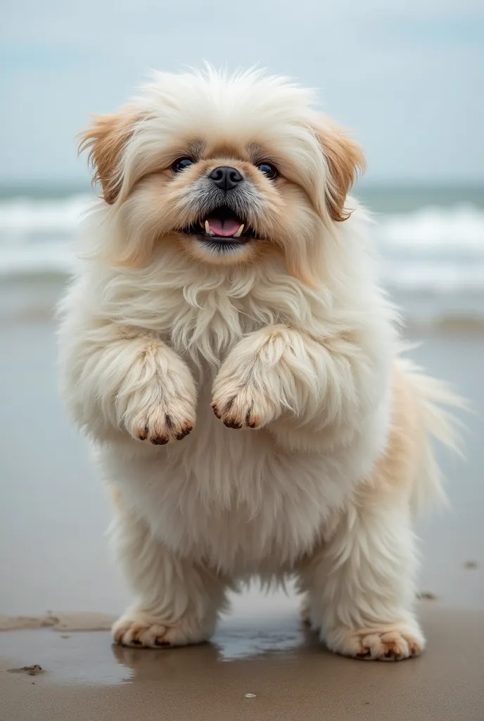 A fat, large Shih Tzu with medium-length white fur, standing on its hind legs, showing its fat belly, standing on the battlefield of a seaside war, smiling showing its teeth. Beside it is a Pomeranian, completely white, fat, big belly, and a Chihuahua, big...