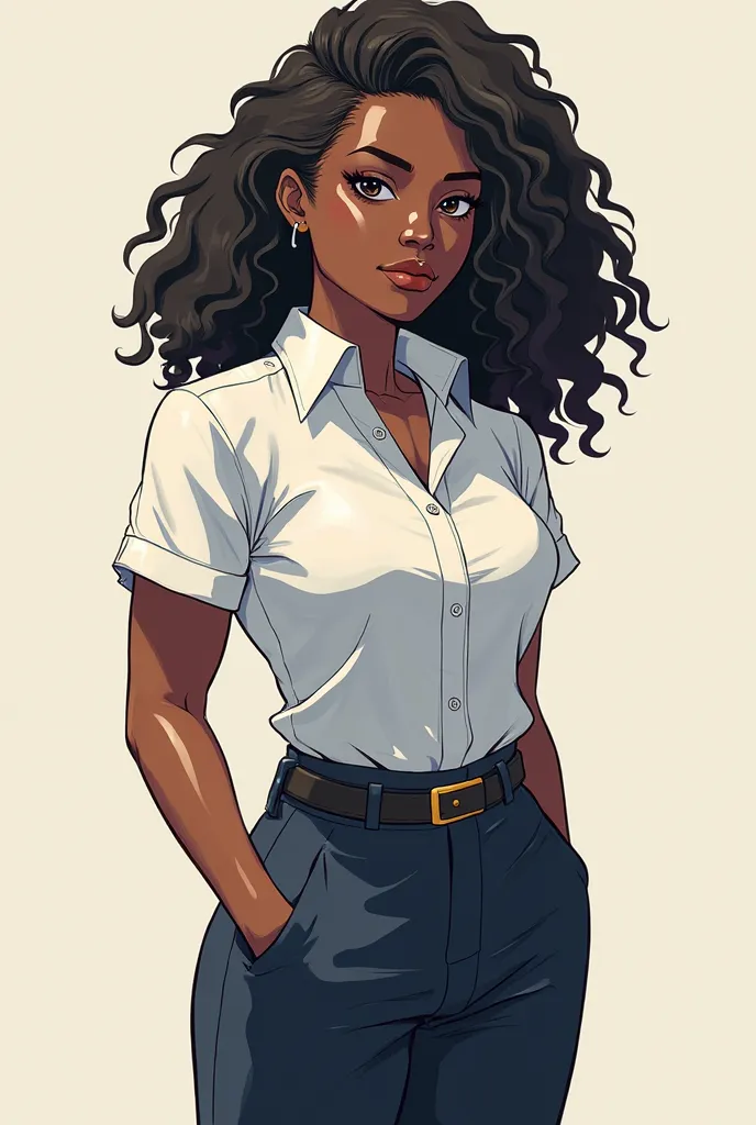  black female character , anime style, white shirt,  uniforms. strong/big