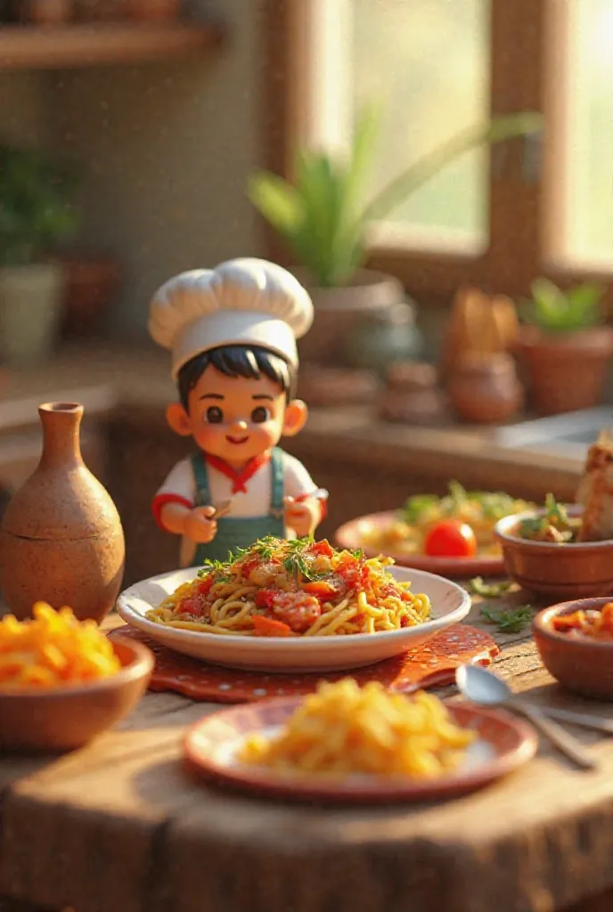 **Prompt Sugerido:**  
"Miniature cooking scene, ultra-detailed, 8k resolution. Tiny cheerful chefs (mini cozinheiros) preparing a colorful meal in a whimsical miniature kitchen. Realistic textures, vibrant food ingredients (vegetables, spices, pasta), and...