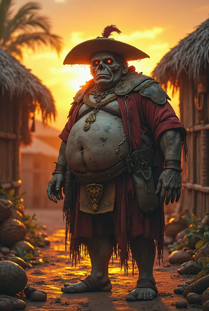 Make a chubby zombie (at normal height) wearing the clothes of a Spanish colonizer in an indigenous village with sunset
