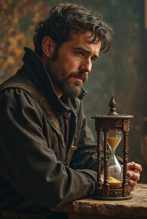 Man with a sad look, Thinking about his past, an hourglass next to him, a woman going behind his back because she doesn't love him so much, the image must give a feeling of sadness and loss and with a tone of image from medieval times