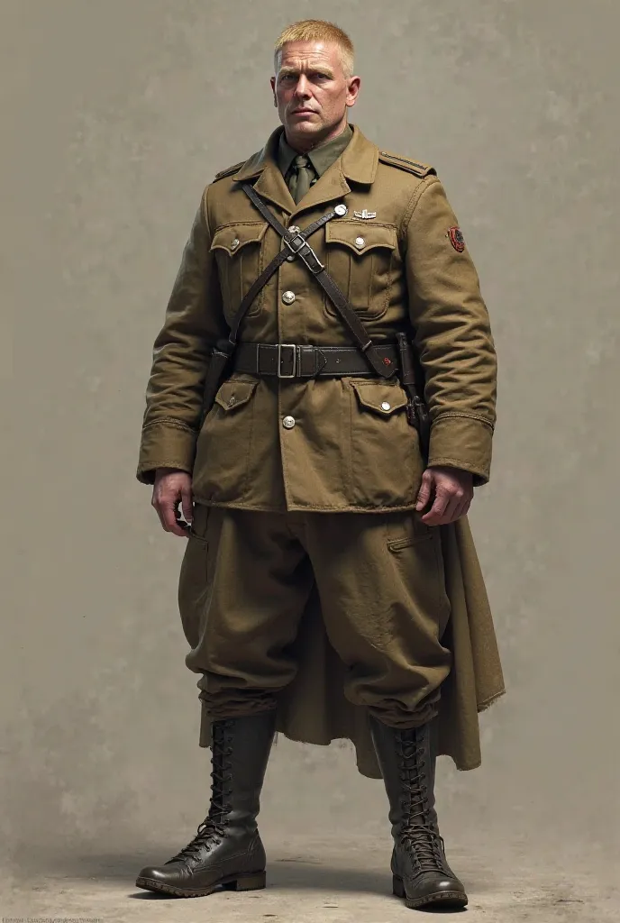 A full body image of a British WWI soldier, 28 years old, blond, 6'5", 240 lbs, strong, angular face, short hair