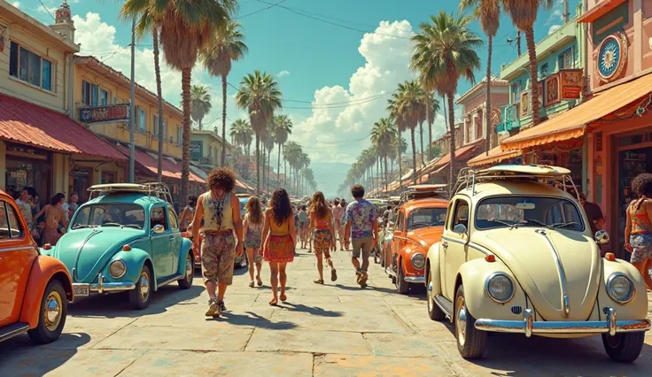 "A vibrant 1960s street scene with multiple colorful Volkswagen Beetles parked along a road, some with surfboards on top. Hippies, musicians, and travelers embrace the counterculture vibe."