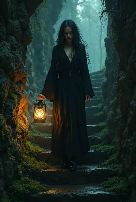 Desperate by the Unreliable Light of a Lantern in Her Right Hand、In the pitch black darkness、Go down one step at a time with an unsteady gait while fighting the fear of the dark through the mossy spiral staircase leading to a further abyss、A Beautiful Blac...