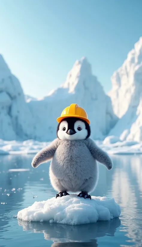 A fluffy baby penguin stands confidently on a floating iceberg, spreading its tiny wings against the crisp Antarctic air. Its soft gray and white feathers contrast beautifully with the bright blue sky and the icy landscape surrounding it. The little pengui...