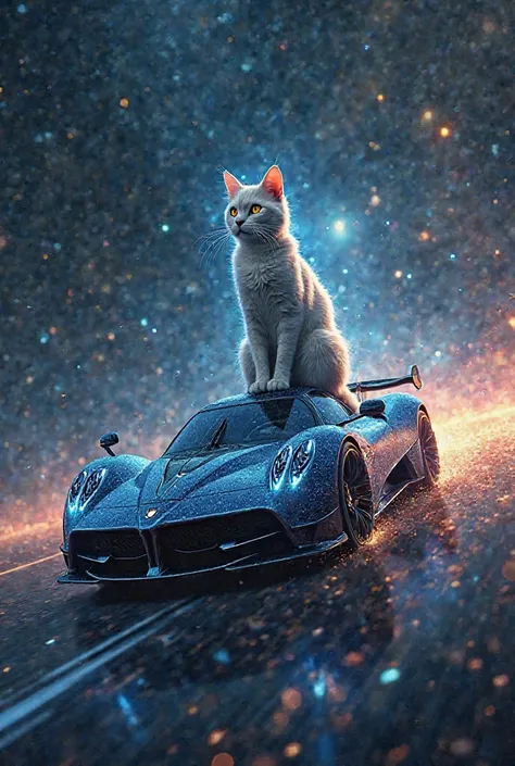 A cat riding a cosmic Pagani 