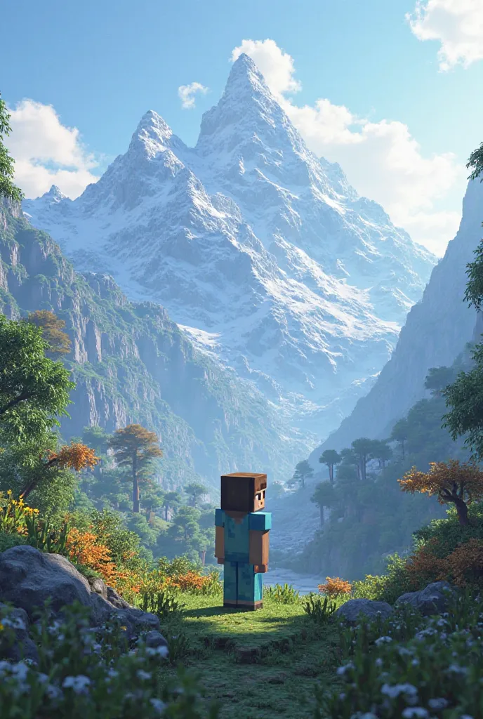 Minecraft Man with a lot of beautiful mountains and trees in the background 