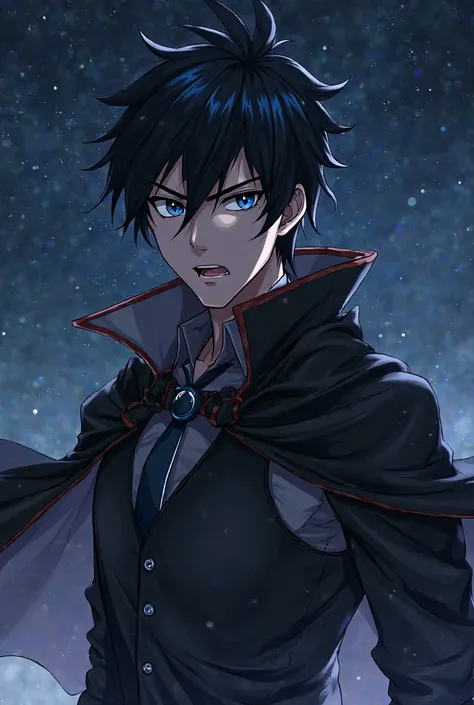  anime boy with black hair and dark blue tips, dark blue eyes, He is very very annoying and looks defiantly and angrily, wears a vest and a black cape against the background of the night sky