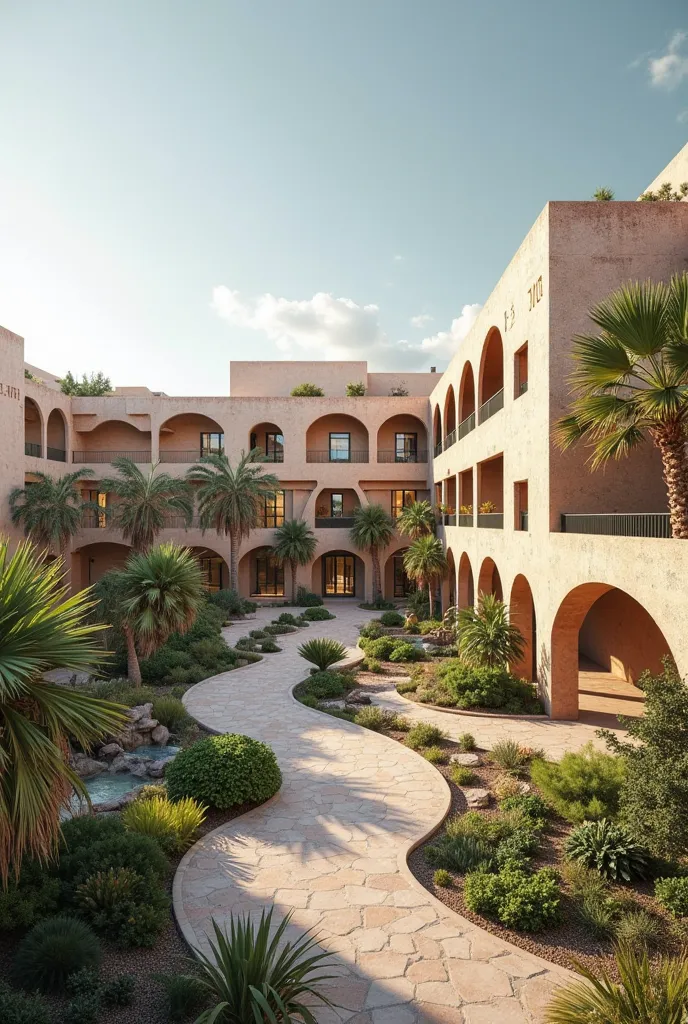 Whole building view for sustainable hospital located in Morocco, blending traditional Moroccan architectural elements with contemporary design. The hospital should feature expansive green spaces, including healing gardens, rooftop gardens, and courtyards f...