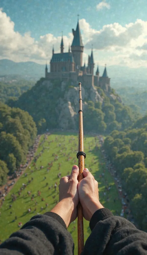 "Ultra-realistic first-person animation of a Hogwarts student soaring through the sky during a flying lesson. The perspective tilts slightly, capturing the dynamic motion of flight. The student's hands grip the wooden handle tightly as wind rushes past, ca...