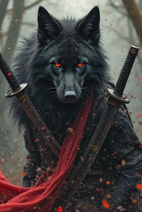 un jeun homme avec deux katanas dans le dos et au milieu de roulottes gitane et une meute de loup noir très menaçant au yeux rouge a ces côté, drapeau italien dans le fond et plusieurs hérisson au sol 