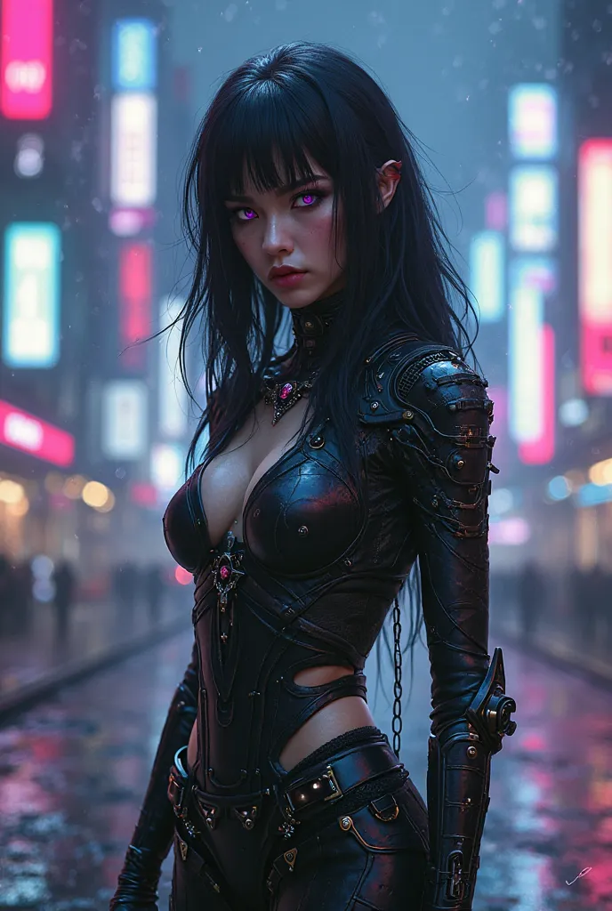 Cyber demon woman with Black hair Black clothes and purple eye