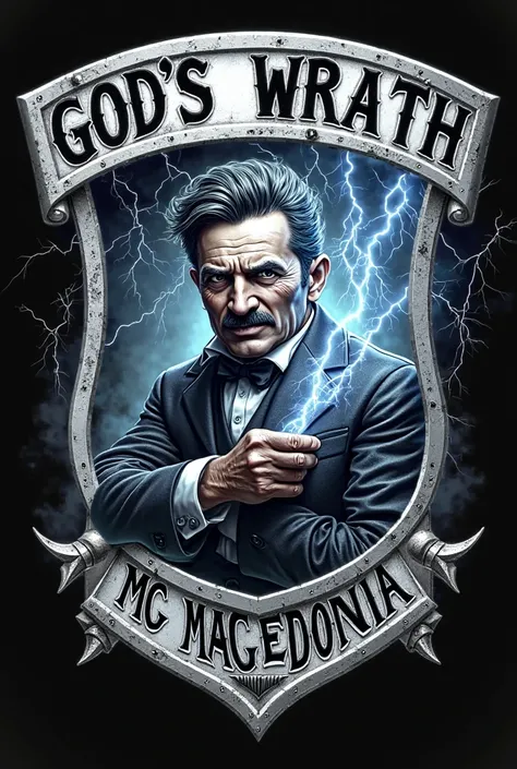 Biker club's logo, containing silver shield. On the top of the shield the words "GOD'S WRATH" written in thunder. In the middle of the shield Nikola Tesla looking angry, holding lightning and storm. On the bottom the words "MC MACEDONIA"