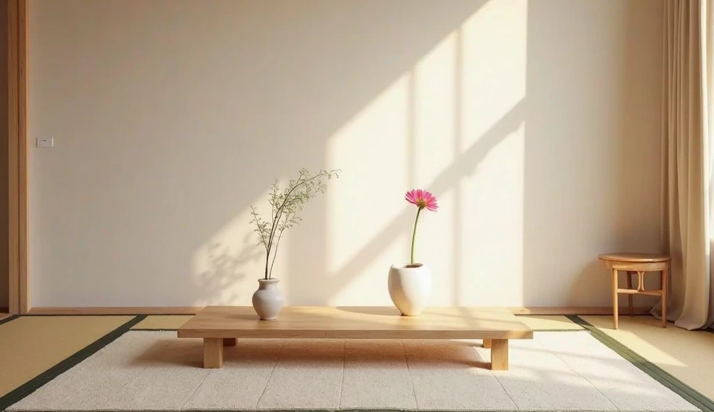 A serene Japanese-style room with minimal decor—a low wooden table, a single flower in a vase, and soft natural lighting. The atmosphere exudes calmness, reflecting the clarity that comes with decluttering.