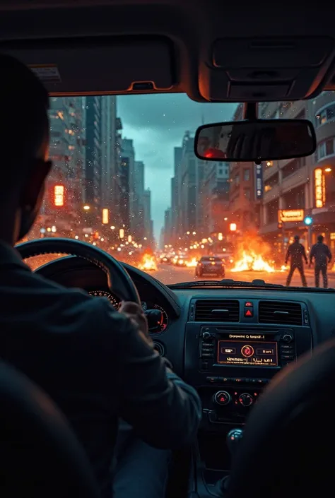 Create a conceptual image Of a driver inside a car at night, observing a city in crisis through the windshield. The city must reflect social disturbances with fires, protests and graffiti with words like 'corruption' and 'injustice'.