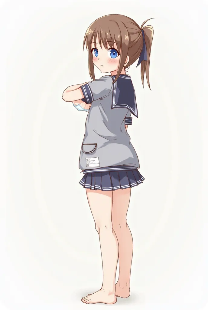 Honami mochizuki, mochizuki honami, honami mochizuki from pronect sekai, brown hair, blue eyes, one side ponytail, gray girl school uniform, diaper, wearing diaper, adult baby diaper, back facing the camera, embarrassed.