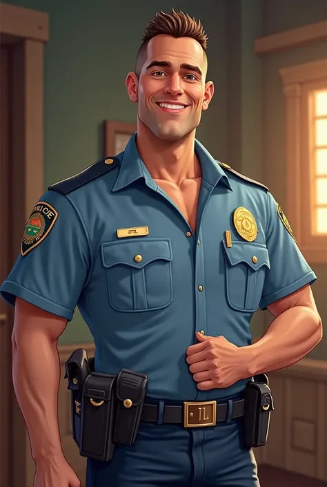 Disney style, strong full body and smiling police officer unbuttoning his uniform button, 40 year old man with shaved brown hair, with braids, gray Caravaggio art, wearing blue shirt, full body
