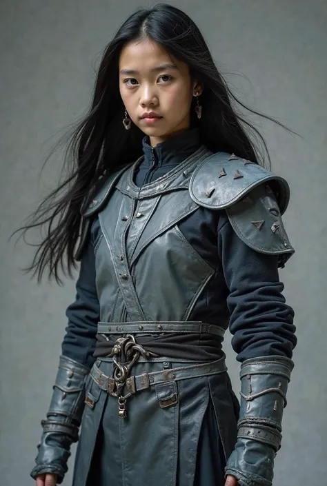 Live Action Tall Asian Tween Boy With blue Skin and Long Flowing Black Hair, Wearing a VERY Long Sleeved Baggy Dark Grey Full-Body Leather Suit With Grey Soft Shoulder pads, Grey Fabric Chest Plaited Armor, With Long Light Grey THICK Leather Gloves over th...