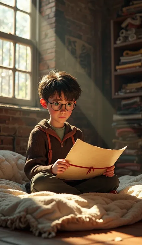 "Ultra-realistic first-person animation of Harry sitting on the edge of his bed as he reads his Hogwarts acceptance letter for the first time. The camera focuses on his trembling hands holding the rolled-up parchment tied with red ribbon. Sunlight streams ...