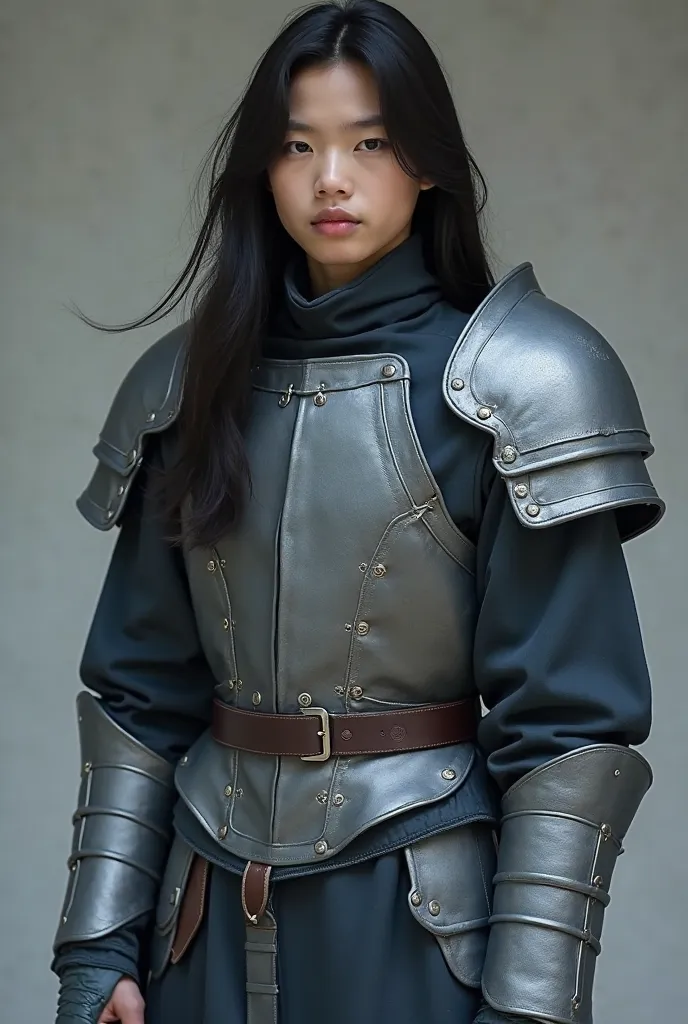 Live Action Tall Asian Tween Boy With blue Skin and Long Flowing Black Hair, Wearing a VERY Long Sleeved Baggy Dark Grey Full-Body Leather Suit With Grey Soft Shoulder pads, Grey Fabric Chest Plaited Armor, With Long Light Grey THICK Leather Gloves over th...