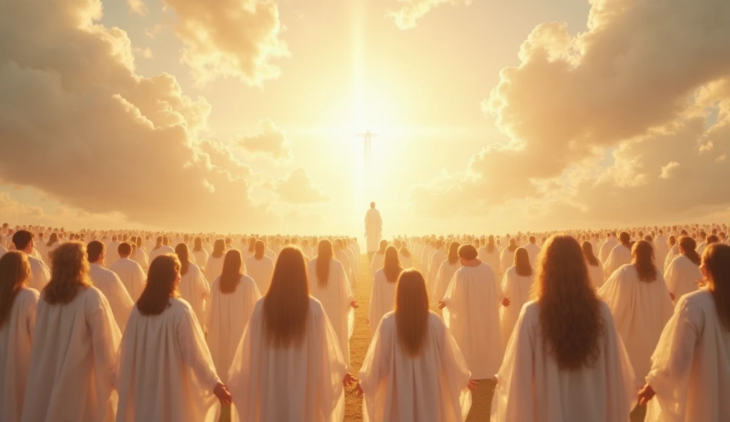 A vast shining sky,  full of heavenly light , is populated by a multitude of people dressed completely in white. Each one wears luminous robes that flow softly in the air, as if suspended in the vastness of the sky. Their faces reflect peace and serenity, ...