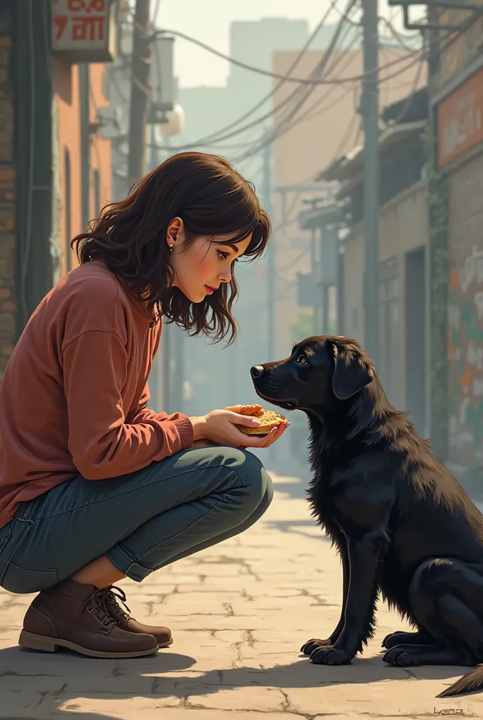 A  sees the black dog and kneels, offering half a sandwich. The dog hesitates but takes it. She smiles, stroking its head. For the first time in weeks, the dog feels warmth.