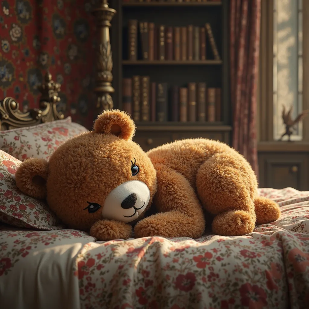 A medium sized bear plushie in a mansion bedroom, bedroom has a gothic look, has a little bloated stomach, in a sleeping position