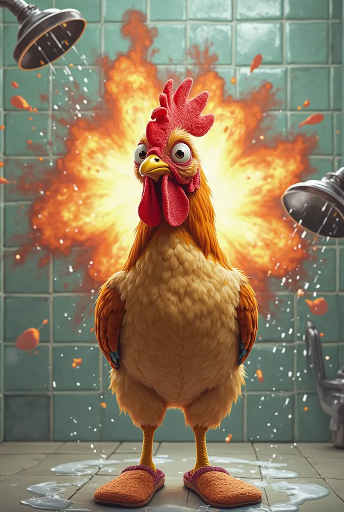 A hen in the shower with slippers and an explosion in the background