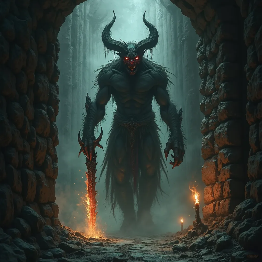 Demon with a sword in a corridor