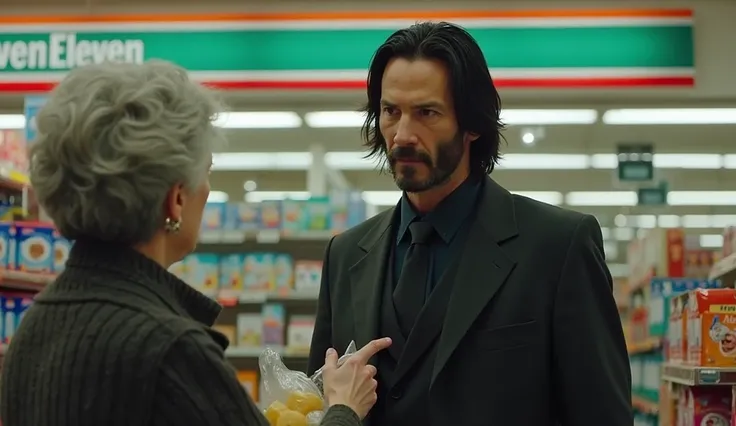 The interior of the American supermarket SevenEleven. shelves with products,  neon lighting. Keanu Reeves, tall man in a black suit, scene with thick dark hair and a tense expression on her face, holding a bag of dog food, face first. Напротив него — пожил...