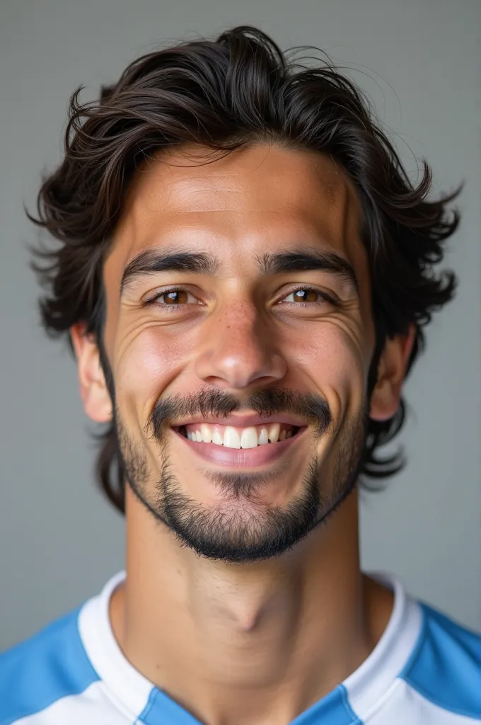 "85mm DSLR colour photography of a very detailed headshot fitting all of head and hair in frame. 19 year old Uruguayan soccer player, with medium black hair and a little facial hair with a small smile, grey background"